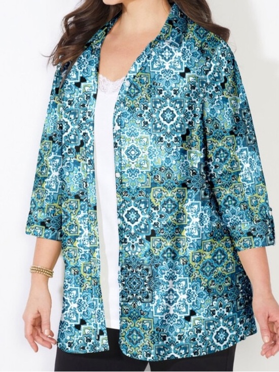 Catherines Tops - Catherines Timeless Blouse Deep Teal Tile Paisley Blue Green Button Up Shirt 2X